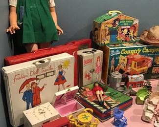 Tall Susan Doll with a huge wardrobe, Original Barbie Cases and Items, Ballerina Music Boxes, Tin items -more coming