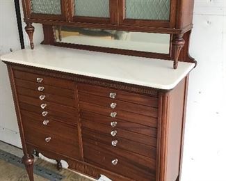 Beautiful Antique Dental Cabinet With Porcelain Top and Drawers - Glass Knobs - Glass Inserts