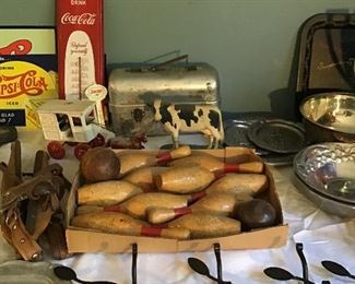 Vintage items, Bowling Pin and Balls Set, Cast Iron, Wrought Iron, Coca Cole Thermometer, Pepsi Cola Signs, Antique Lunch Box