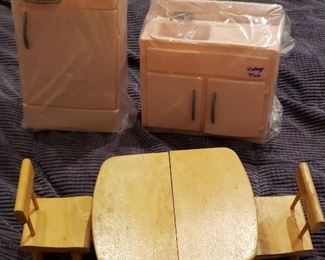 Vintage Mid Century Modern Strombecker Doll’ Table & Chair, Vintage Pink Tico Refrigerator and Sink