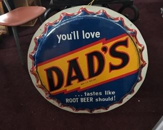 Rare Original 1950s Dad’s Root Beer Single-sided die-cut Tin Bottle Cap Sign 29” x 29” x2”