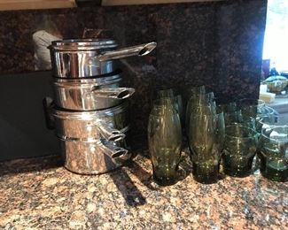 Pots and green glasses