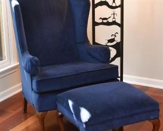 Blue Upholstered Wingback Chair & Ottoman
