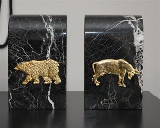 Marble Bookends with Brass Animal Applique