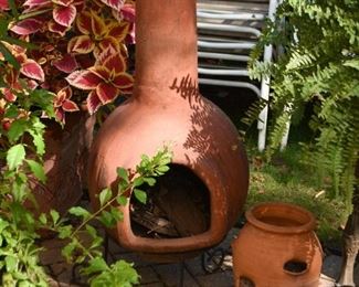 Clay Chiminea / Outdoor Fireplace, Flower Pots
