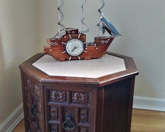 End table and Wood Sail boat clock