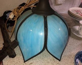 Blue slag glass tulip swag lamp