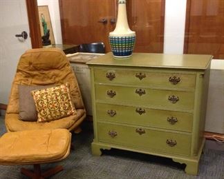Kittinger Dresser With Original Paint and Flanked By a Danish Leather Chair