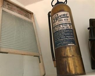 Vintage items including, Pyrene Fire Extinguisher, Washboard and Wooden Telephone