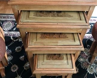 Vintage Asian, hand carved Nesting tables-Set of 4, Each has protective glass tops and smallest table has a drawer