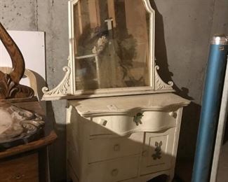 Antique white dresser with mirror and bed frame
