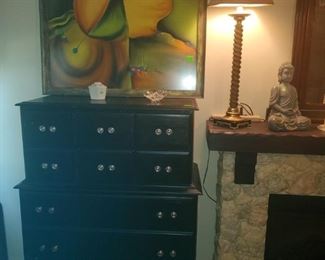 5 drawer, painted chest. Framed, modern art.
