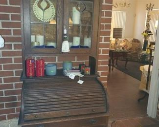 Tiger oak, barrel cylinder roll-top desk/hutch, candles, lamps, mercury glass vases, and more.