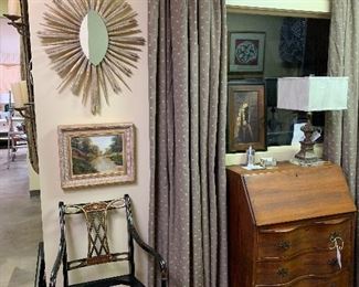 Custom made, pair of drapes
Writing desk
Aidan Gray wooden, gilded lamp
Eyelash mirror
Sm French oil painting 
Heavily decorated arm chair 