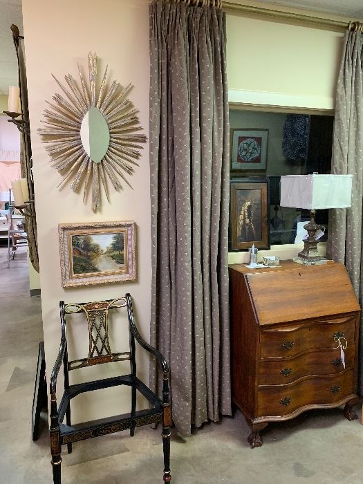Custom made, pair of drapes
Writing desk
Aidan Gray wooden, gilded lamp
Eyelash mirror
Sm French oil painting 
Heavily decorated arm chair 