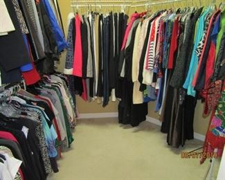 LOTS OF VERY VERY NICE LADIES CLOTHING.. SHORTS, SLACKS, SHELL TOPS, DRESSY CLOTHES, EVENING WARE, BLOUSES, JACKETS AND THE LIST GOES ON.. COME BY SOON