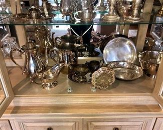 silver plate items, including matching creamer and sugar set with plate 