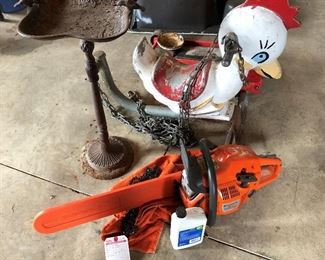 Husqvarna 455 Rancher chainsaw; playground chicken spring rider. Note: metal birdbath not in sale.