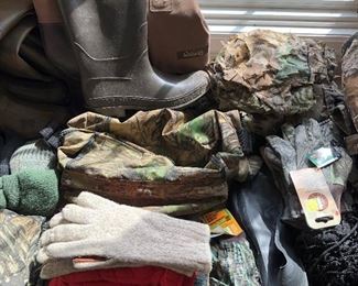 Gloves, waders, and other hunting- and outdoors-related clothing.