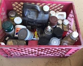 Crate Full of Various Stains, Paints, and Spackle