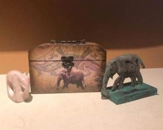 Wooden Box and Stone Elephants