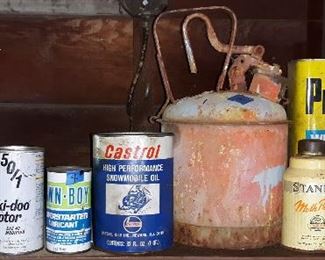vintage cans, Ski-doo, Lawn boy, Delco, Castrol