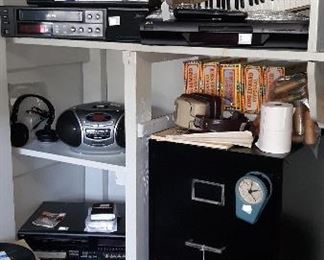 file cabinet, keyboard, vjs, dvd players
