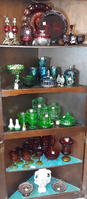 crystal glassware (red, green, clear, amber, red/amber), carnival glass