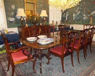 Beautiful Dining room table and 8 chairs, French sideboard, beautiful mirror, lamps, Persian Rug, Silver Candelabras, Blue Willow