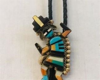 Native American Indian  Handmade Kachina Leather Bolo . Made of Sterling Silver with Mosiac of Turquoise , Black Onyx, Coral, Mother of Pearl  