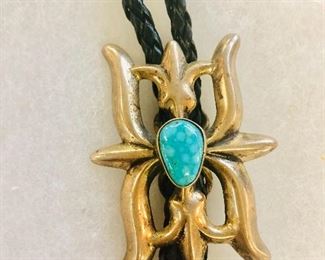 Sterling Silver Native American Indian Turquoise on leather  Bolo 