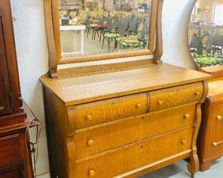 Antique Oak Empire Style Dresser with Large Beveled Mirror 
