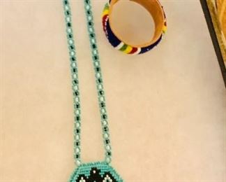 Native American Indian  Handmade Leather necklace  with glass beads 