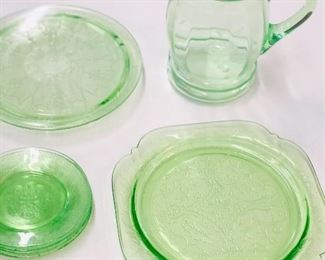 Green Depression Glass , Ballerina cake plate , Georgian lovebirds desert plates , Uranium Glass Pitcher  