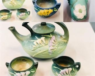 Roseville Fressia Pattern Tea Set , small bowl and Weller Pottery Vase 