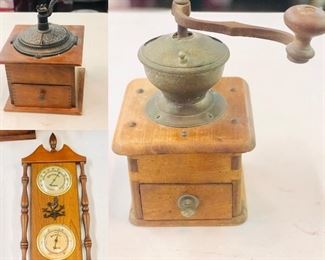 Pr. Antique Coffee Grinders & barometer  /  Thermometer 