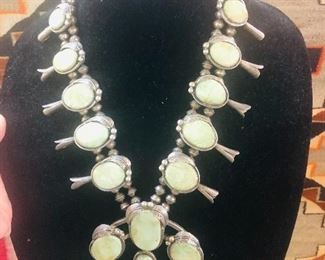 Fabulous Handmade Heavy Native American Light Green Turquoise Squash Blossom Necklace . Owned by Miss Missouri 1958  . The Weight is 269.5 grams