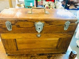 Antique Oak Machinist Tool Box with some tools  