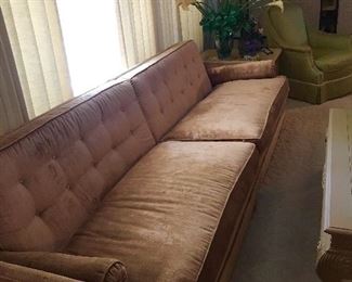 MID-CENTURY MODERN SOFA/ TWO CUSHIONS/ TUFTED BACK AND TWO ROLL PILLOWS