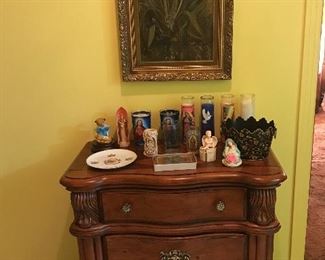 BROYHILL CHEST WITH BALL FEET/ RELIGIOUS ITEMS / OIL PAINTING OF IRIS FLOWERS