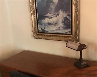 OFFICE DESK AND CHAIR/ PICTURE OF MOUNTAINS AND RUSHING WATER