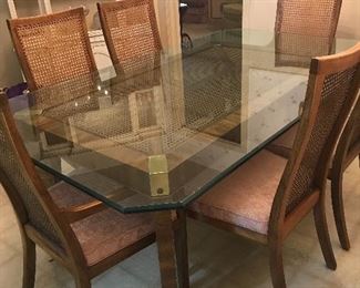 MID-CENTURY MODERN DINING TABLE / BEVEL GLASS AND CANE INSERT/ 2 ARM/4 SIDE CHAIRS WITH CANE BACKS