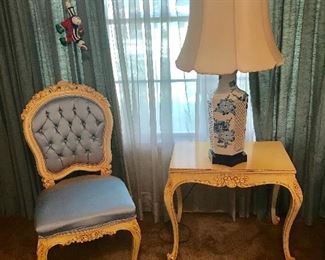 FRENCH SHABBY CHIC SIDE CHAIR AND SMALL TABLE/ ACCENT LAMP