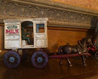 Vintage Cast Iron "Fresh Milk" Horse Drawn Wagon w/ Driver