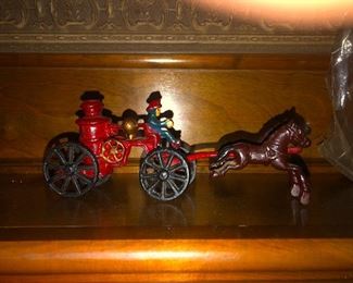 Vintage Cast Iron Fireman with Horse Drawn Fire Pump Wagon 