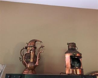 Copper tea pots and pair of antique copper lanterns