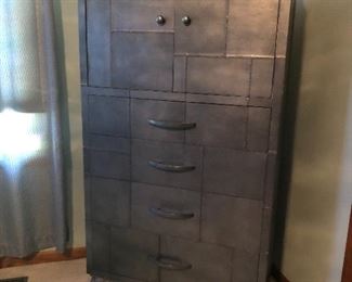 Beautiful Highboy/Armoire great look great storage teak wood wrapped in gray leather- nailhead patchwork design. Inside is lined with leather too.  36w x 66h x 17d