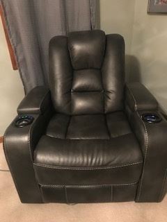 Recliners Charcoal Recliner with Power head and foot rests leather chair, motorized, full extension and 2 cup holders. 