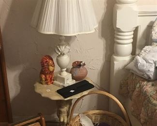 cherub table, lamp, shoe shine box
