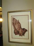 Framed needlepoint praying hands